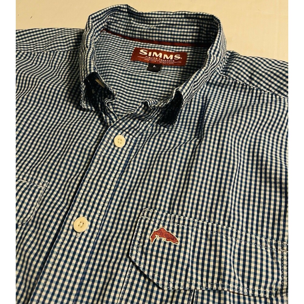 Simms Fishing Long Sleeve Blue Gingham Check Performance Button Shirt LARGE Fish